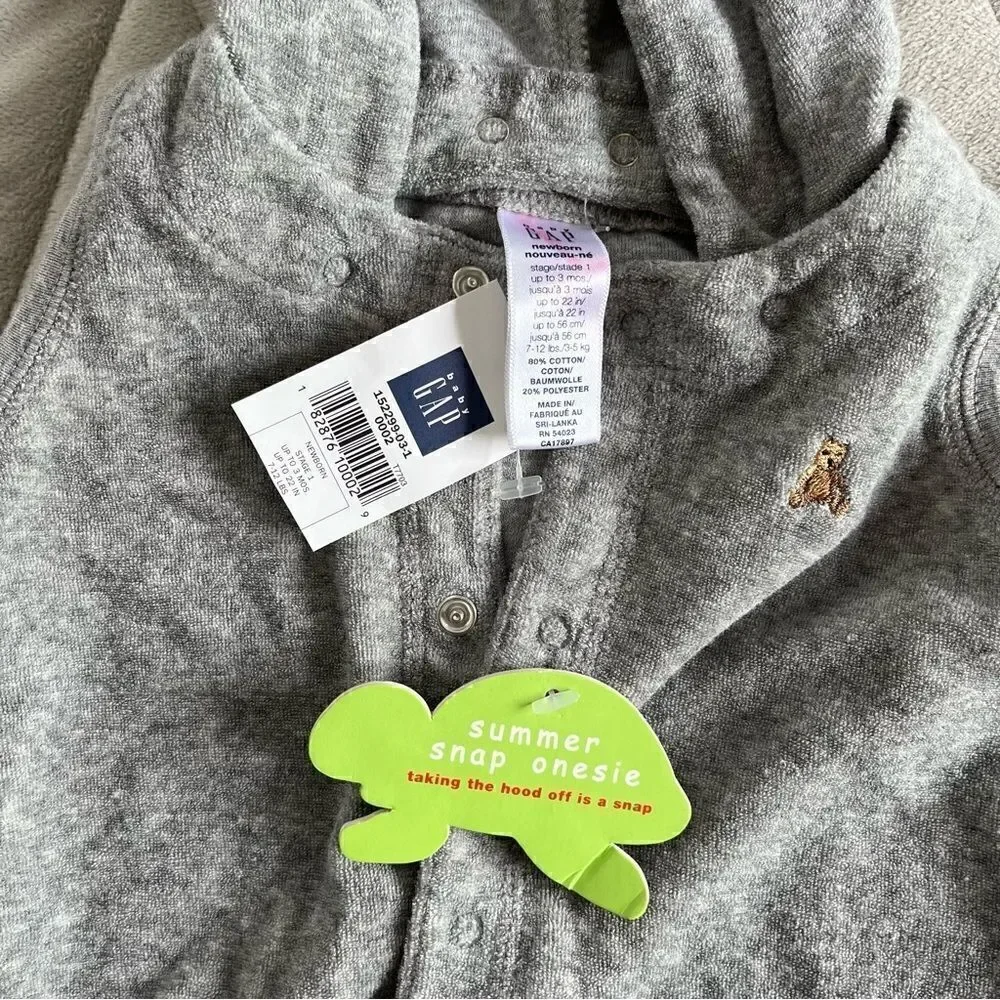 NEW Baby Gap Terry Towel Summer Snap Onesie with Removable Hood Shortall Grey